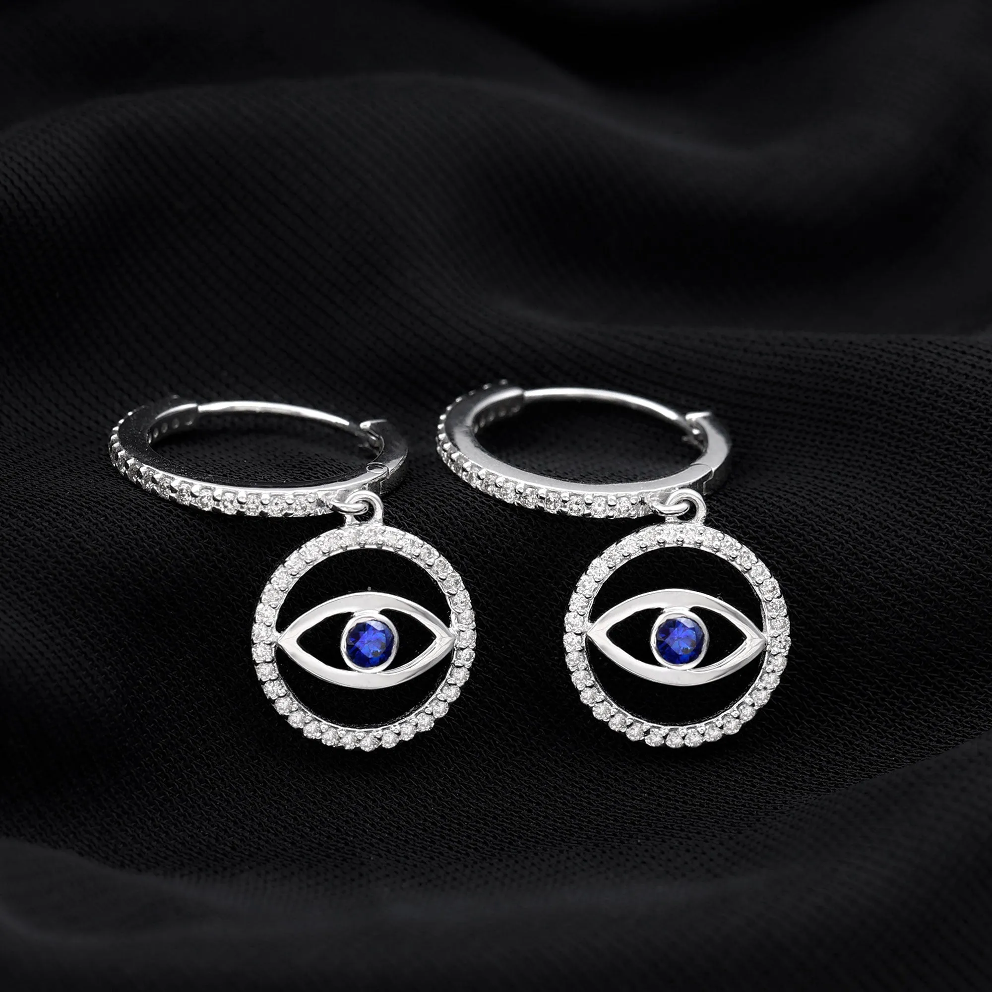 1 CT Blue Sapphire and Diamond Evil Eye Hoop Drop Earrings in Gold