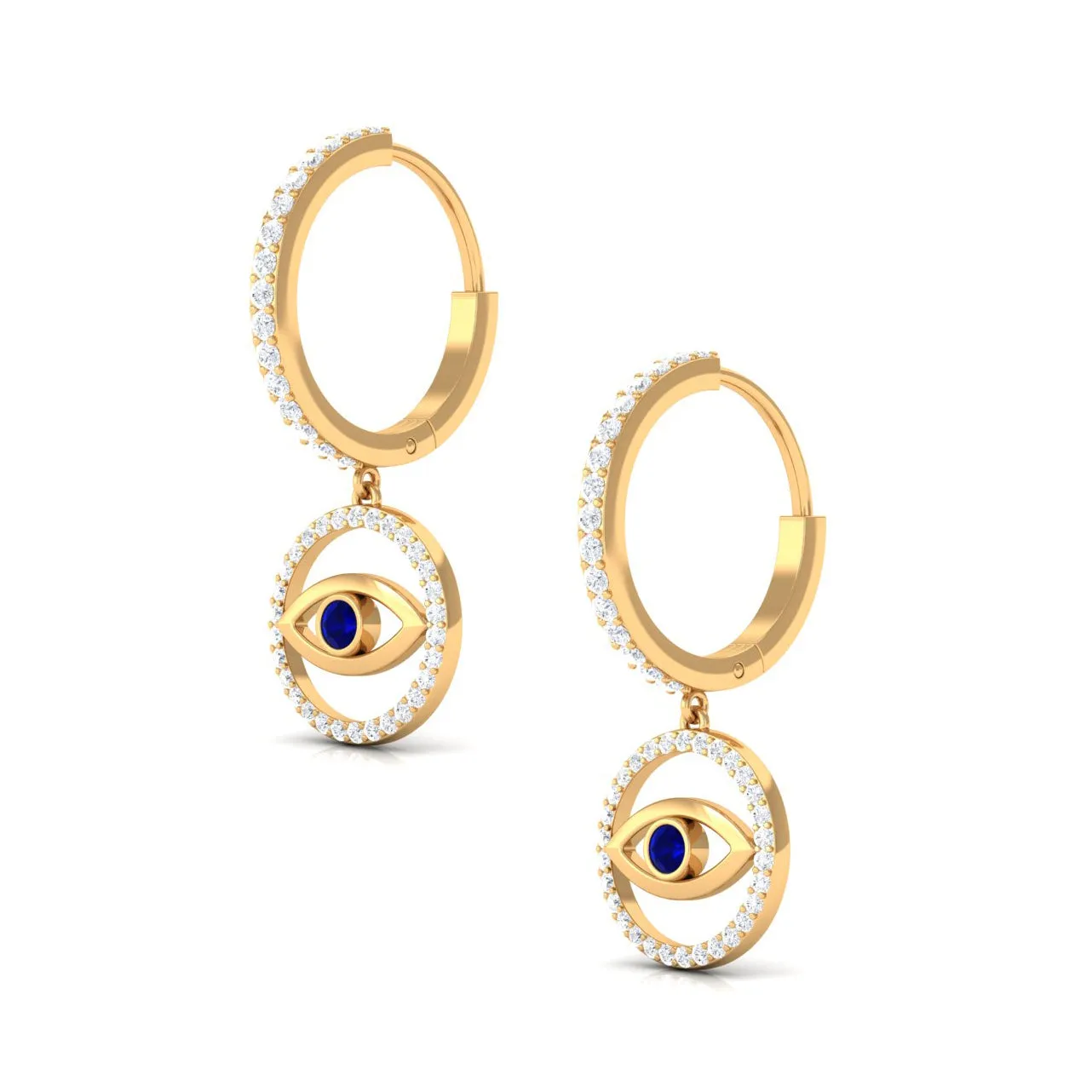 1 CT Blue Sapphire and Diamond Evil Eye Hoop Drop Earrings in Gold