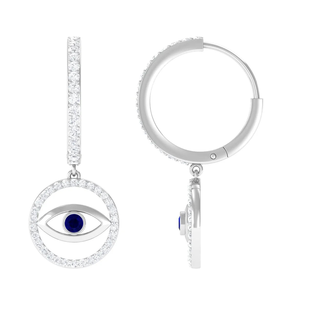 1 CT Blue Sapphire and Diamond Evil Eye Hoop Drop Earrings in Gold