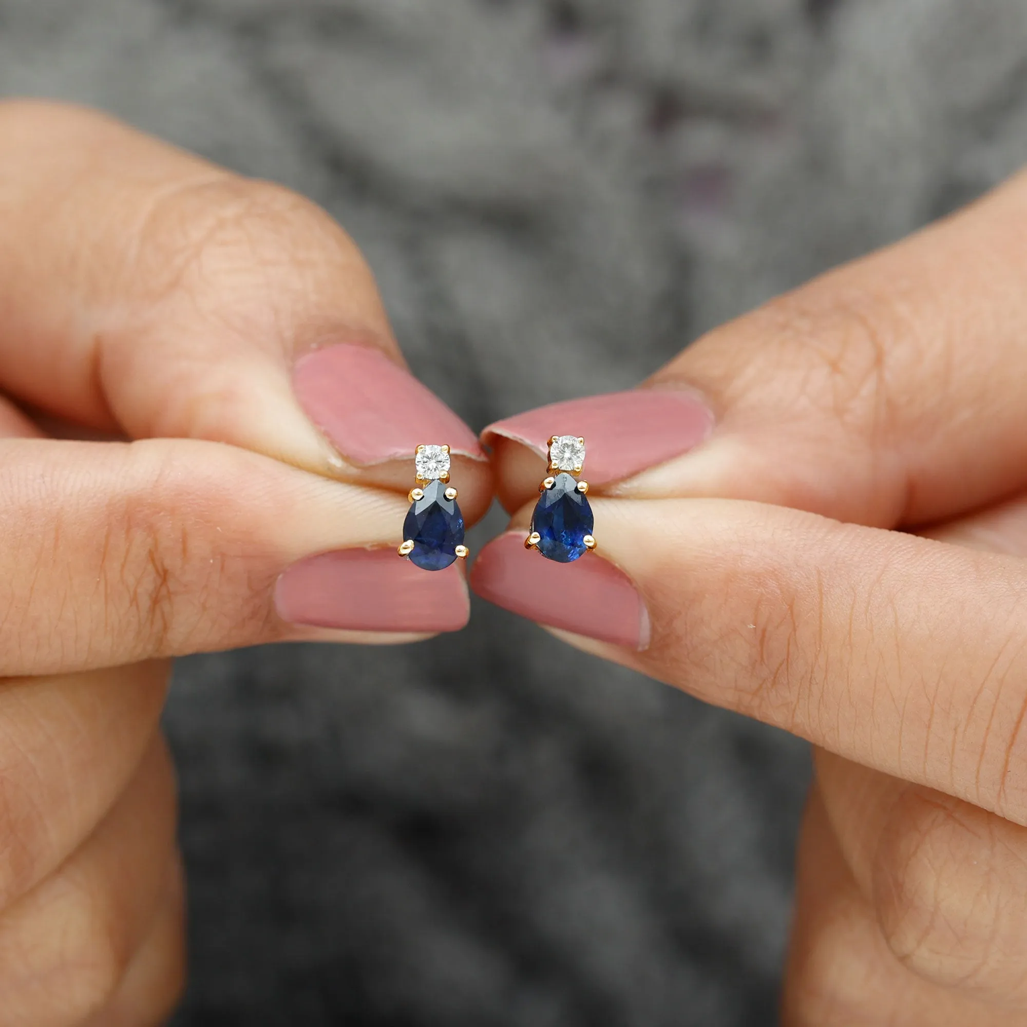 1 CT Simple Pear Cut Blue Sapphire and Round Diamond Two Stone Stud Earrings