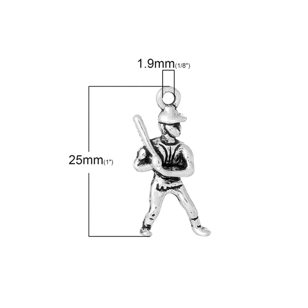 10 Pcs Tibetan Silver BASEBALL PLAYER 25mm x 14mm Charms Pendants, Lead & Nickel Free Metal Charms Pendants Beads