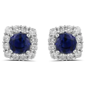 18K White Gold Cushion Sapphire Stud Earrings with Diamond Halo