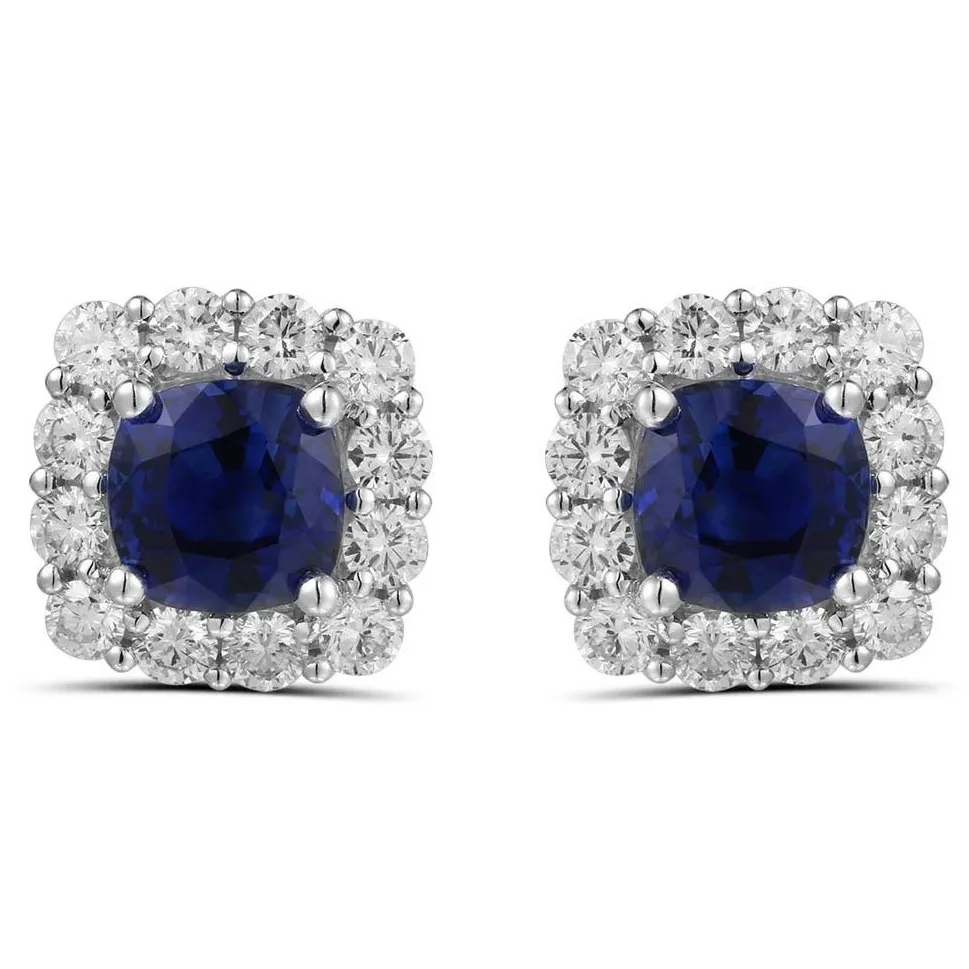 18K White Gold Cushion Sapphire Stud Earrings with Diamond Halo