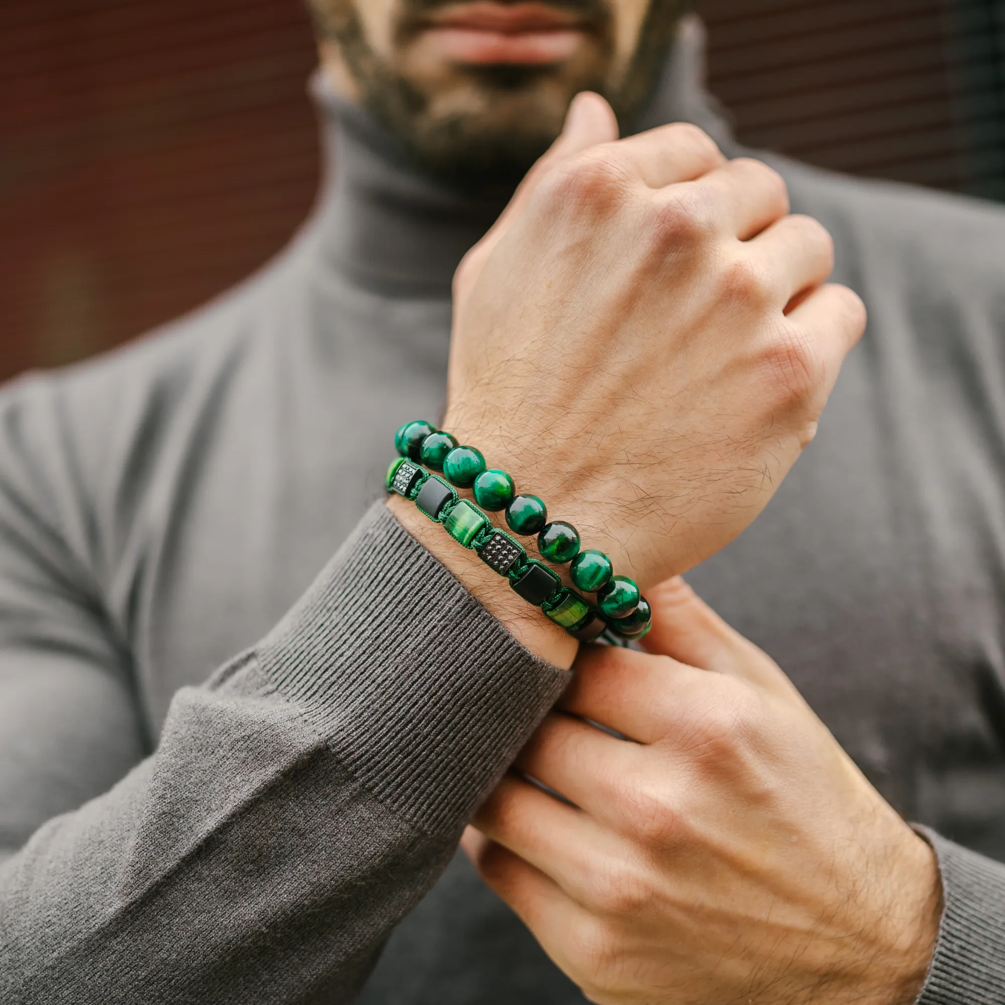 2 PIECE SET - GREEN TIGER EYE Single Bead & Flatbead Bracelet