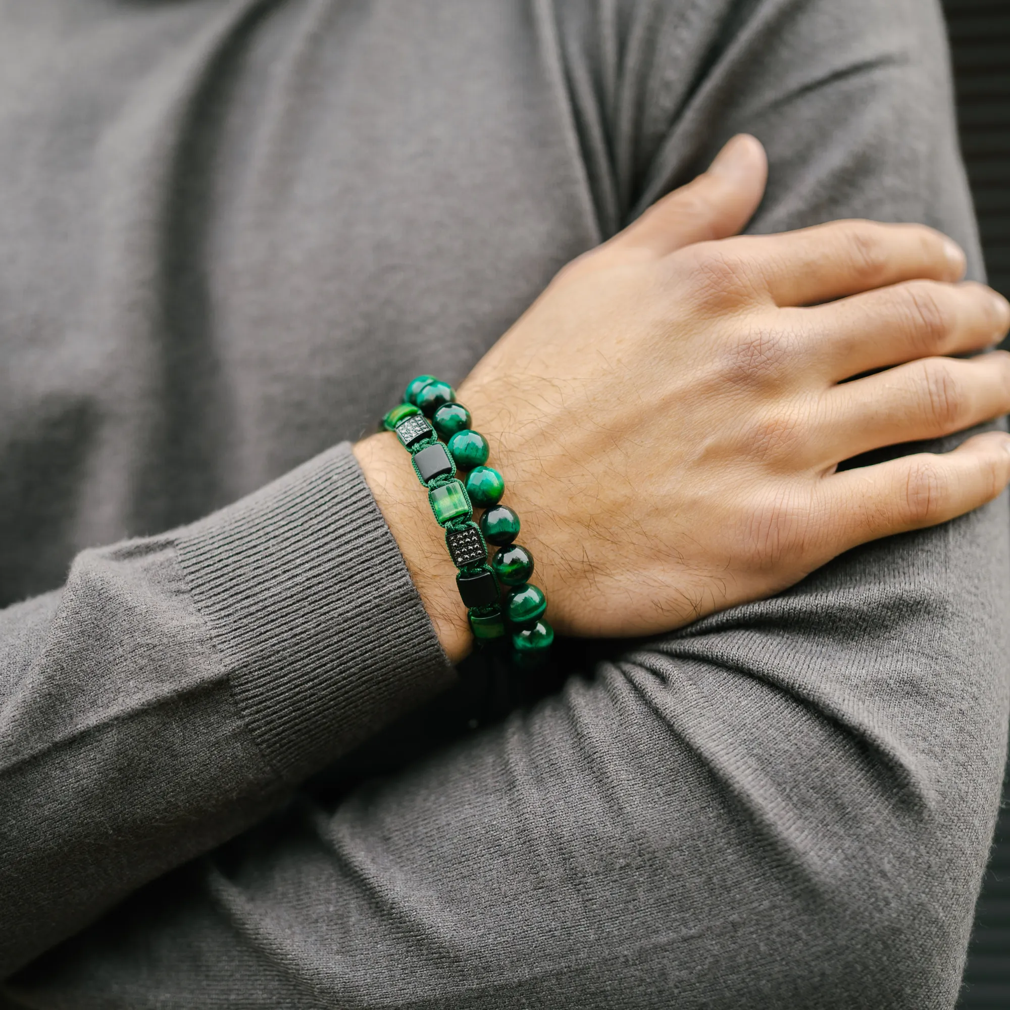 2 PIECE SET - GREEN TIGER EYE Single Bead & Flatbead Bracelet