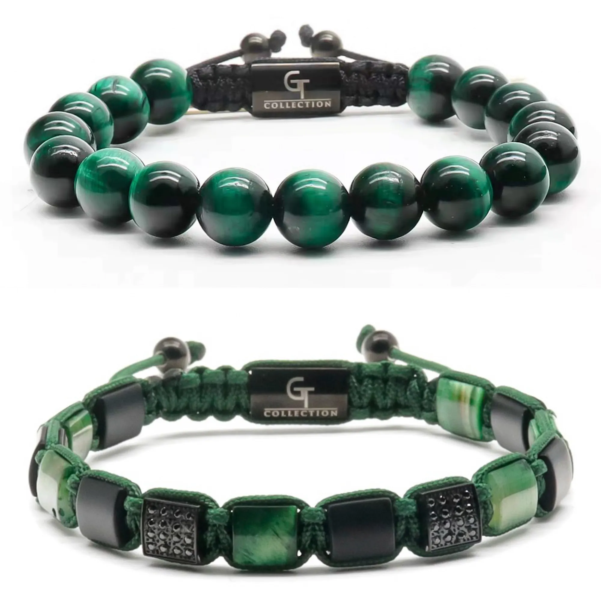 2 PIECE SET - GREEN TIGER EYE Single Bead & Flatbead Bracelet