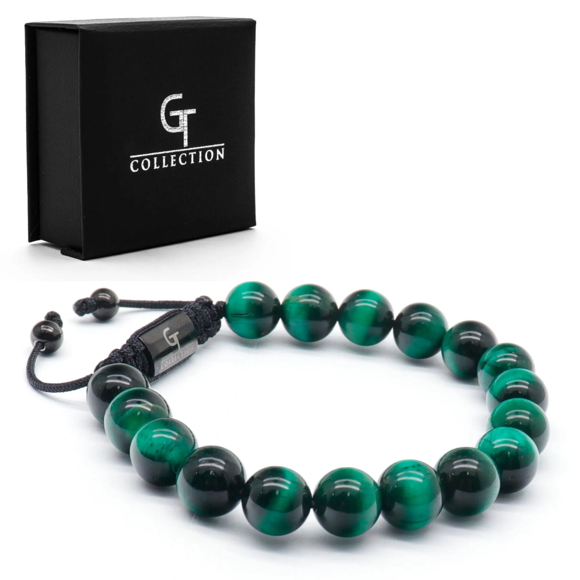 2 PIECE SET - GREEN TIGER EYE Single Bead & Flatbead Bracelet