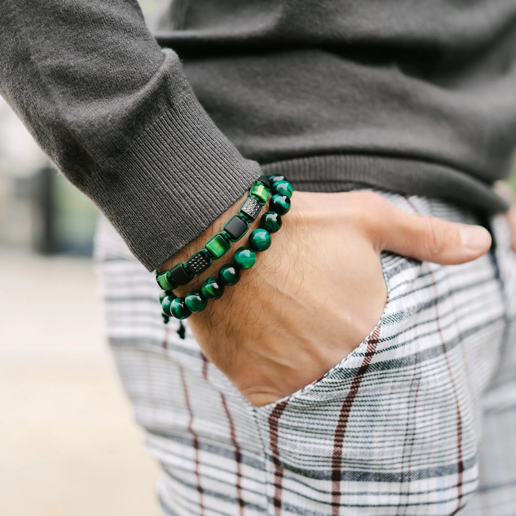 2 PIECE SET - GREEN TIGER EYE Single Bead & Flatbead Bracelet