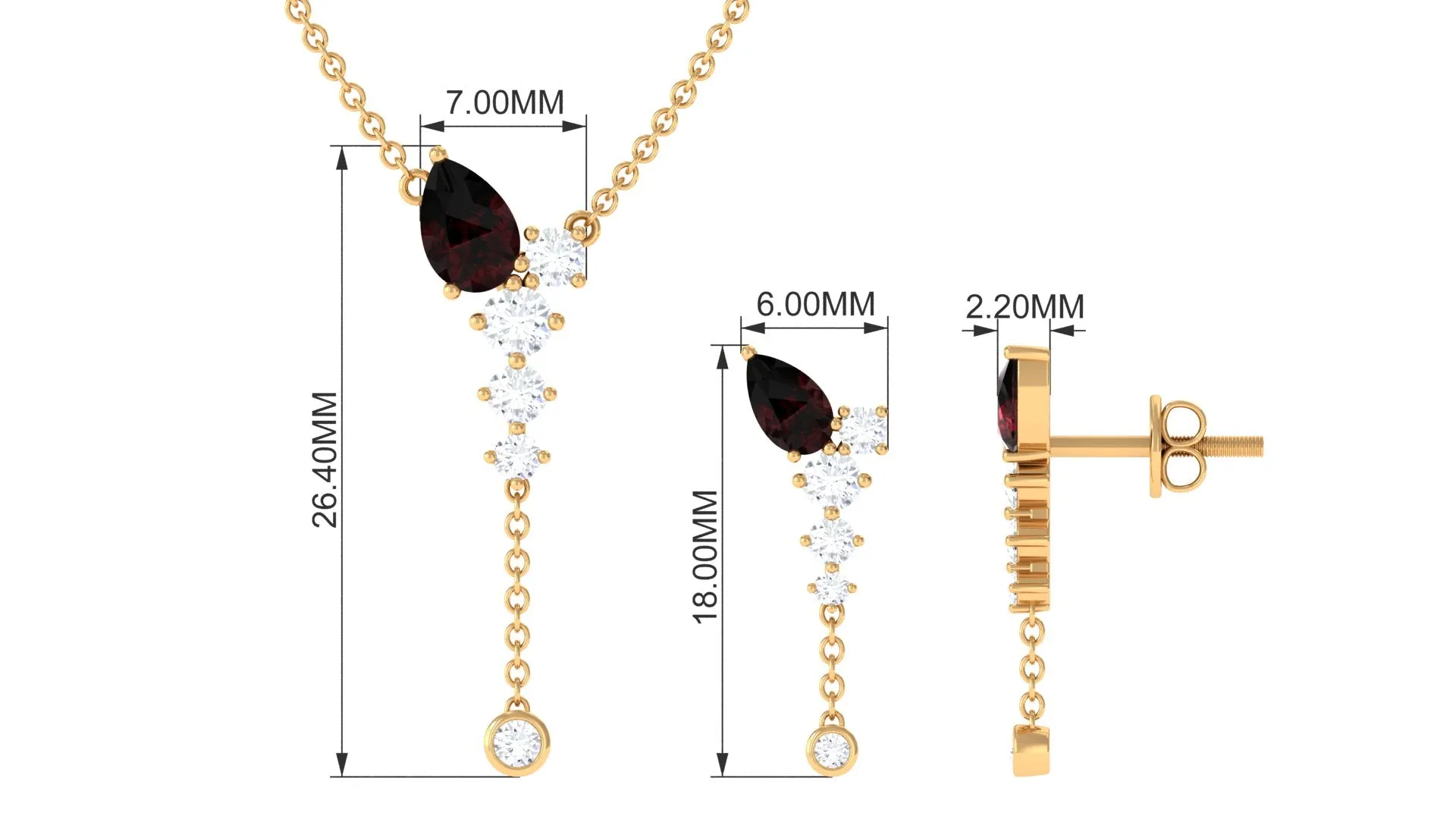 2.50 CT Minimal Garnet Lariat Y Necklace and Earrings Set with Diamond