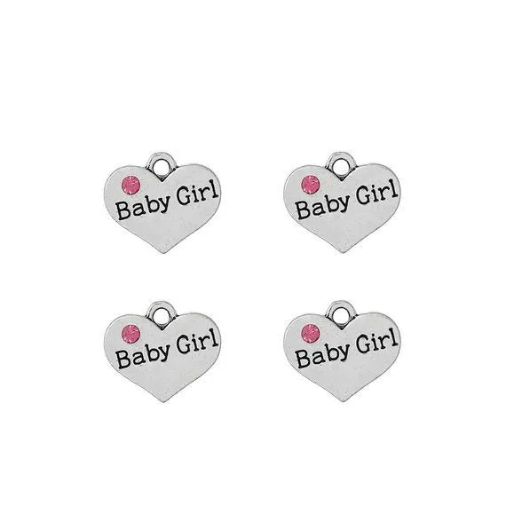 5 Pcs Tibetan Silver and Pink Rhinestone Baby Girl Heart 14X16mm 3D Charms Pendants