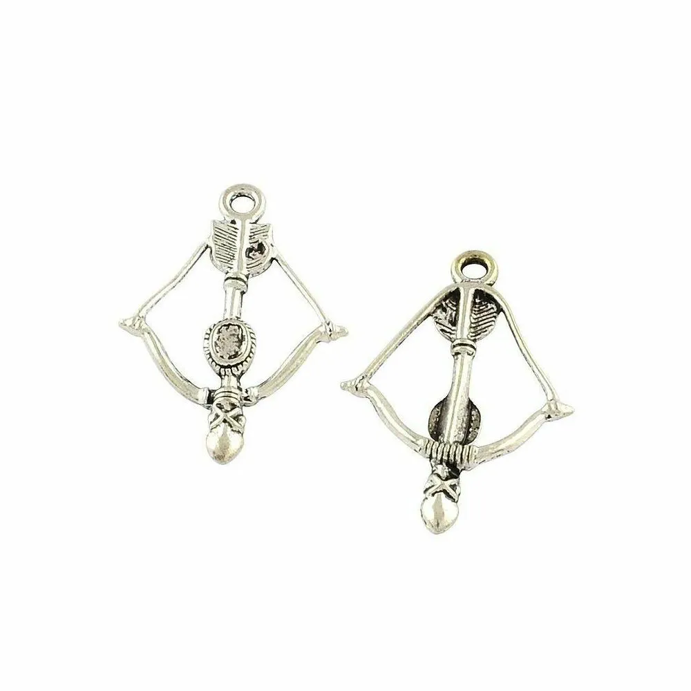 5 Pcs Tibetan Silver Bow and Arrow, Crossbow Weapon 36mm x 25mm 3D Charms Pendants