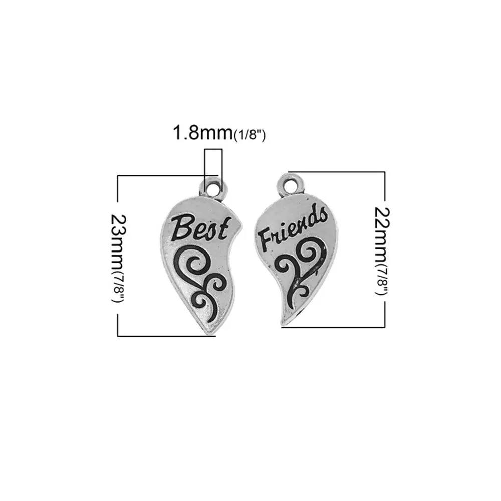 5 Set Tibetan Silver "BEST FRIENDS" BROKEN HEARTS (2 PIECES) 23mm x 12mm Charms Pendants, Lead & Nickel Free Metal Charms Pendants Beads