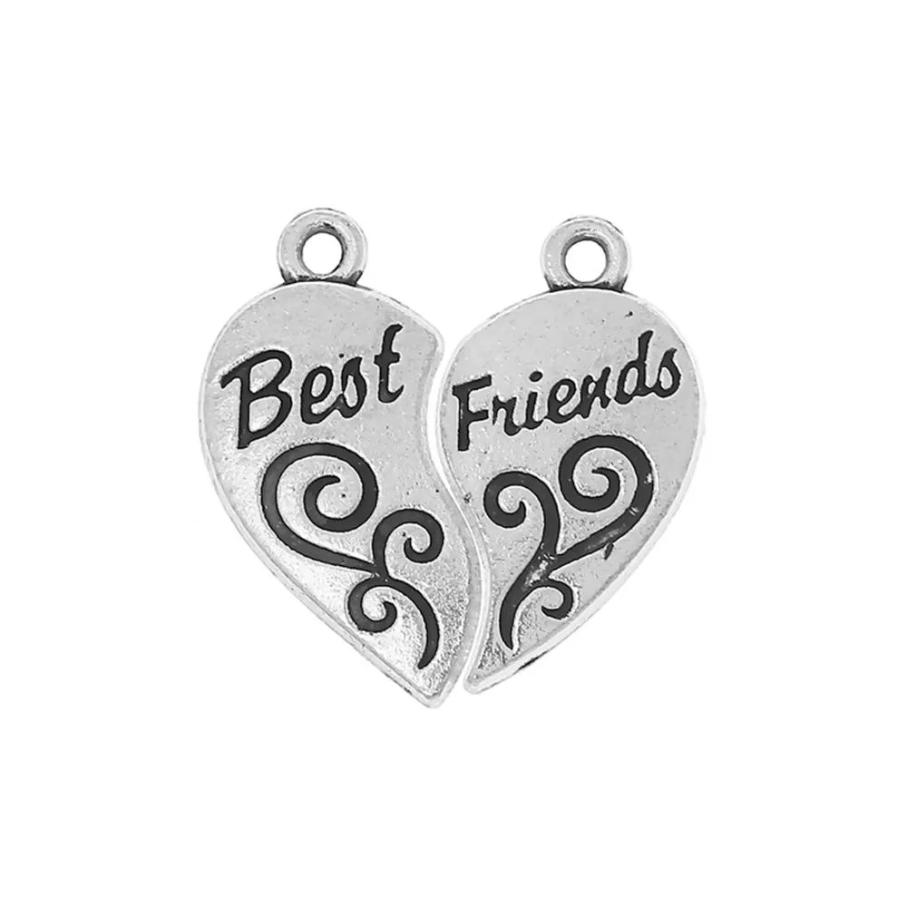 5 Set Tibetan Silver "BEST FRIENDS" BROKEN HEARTS (2 PIECES) 23mm x 12mm Charms Pendants, Lead & Nickel Free Metal Charms Pendants Beads