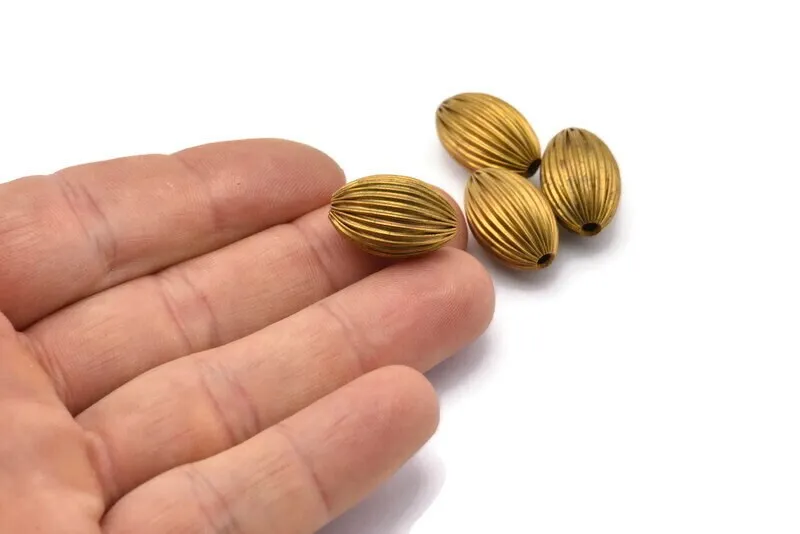 5 Vintage Raw Brass Crimped Textured 18x12 Mm Oval Hollow Beads Y243