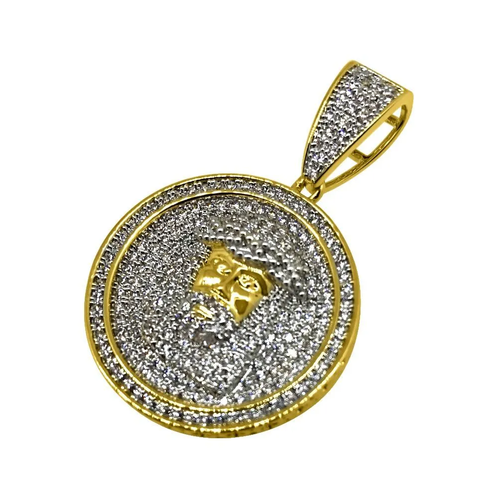 .925 Silver Bling Bling Mini Rhodium Jesus CZ Circle Pendant