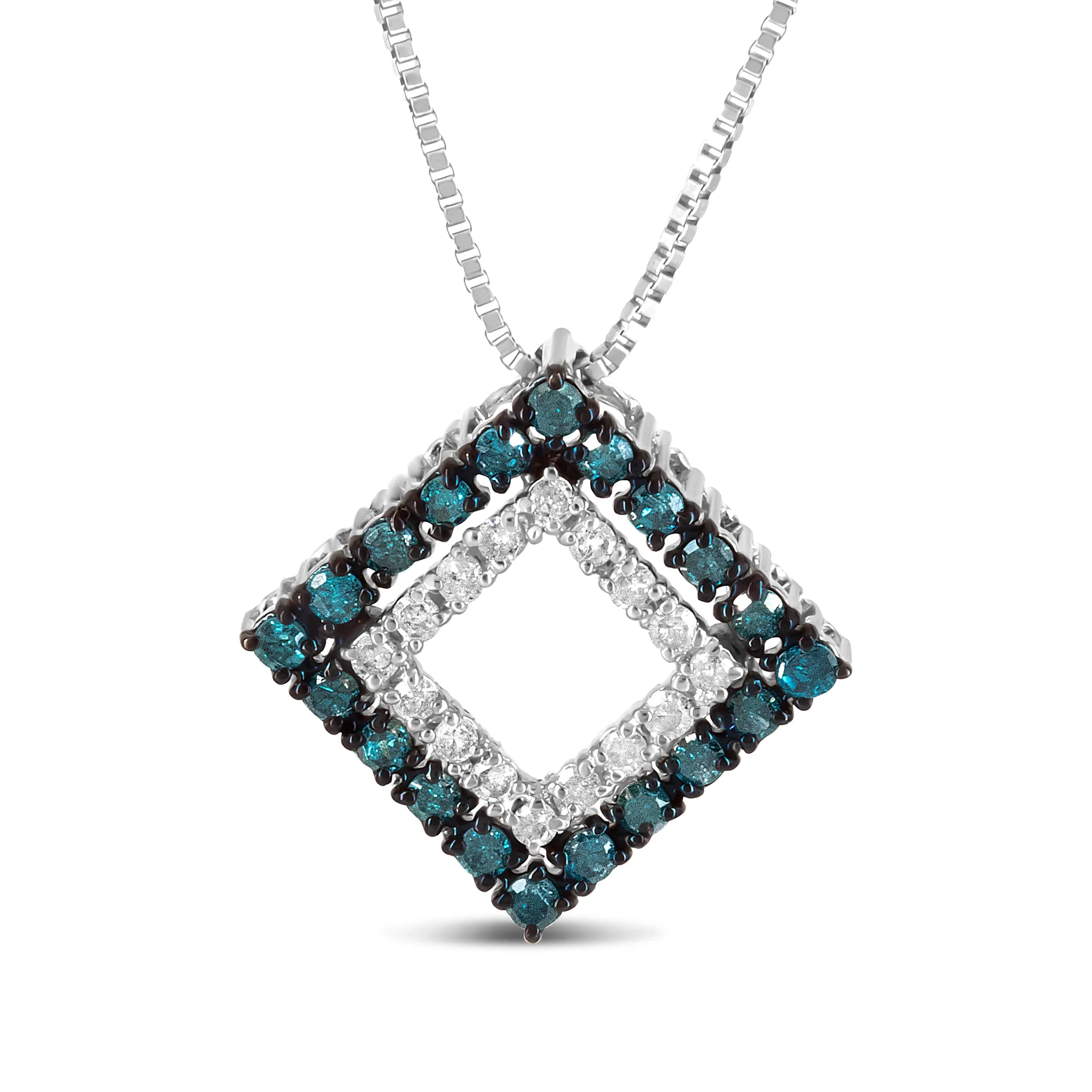 .925 Sterling Silver 1/2 Cttw Treated Blue and White Diamond Double Rhombus 18" Pendant Necklace