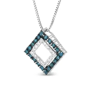 .925 Sterling Silver 1/2 Cttw Treated Blue and White Diamond Double Rhombus 18" Pendant Necklace