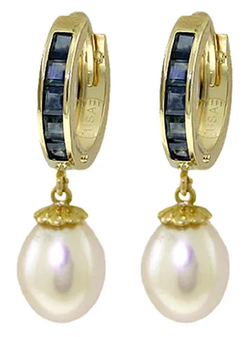 9.3 Carat 14K Solid White Gold Hoop Earrings Sapphire Pearl