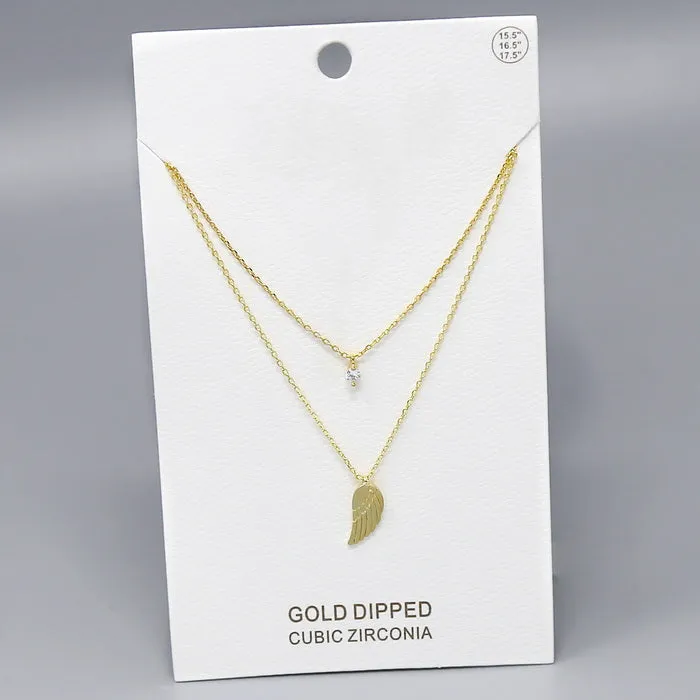 Angel Wing Charm And CZ Stone Gold Dipped Layered Chain Necklace