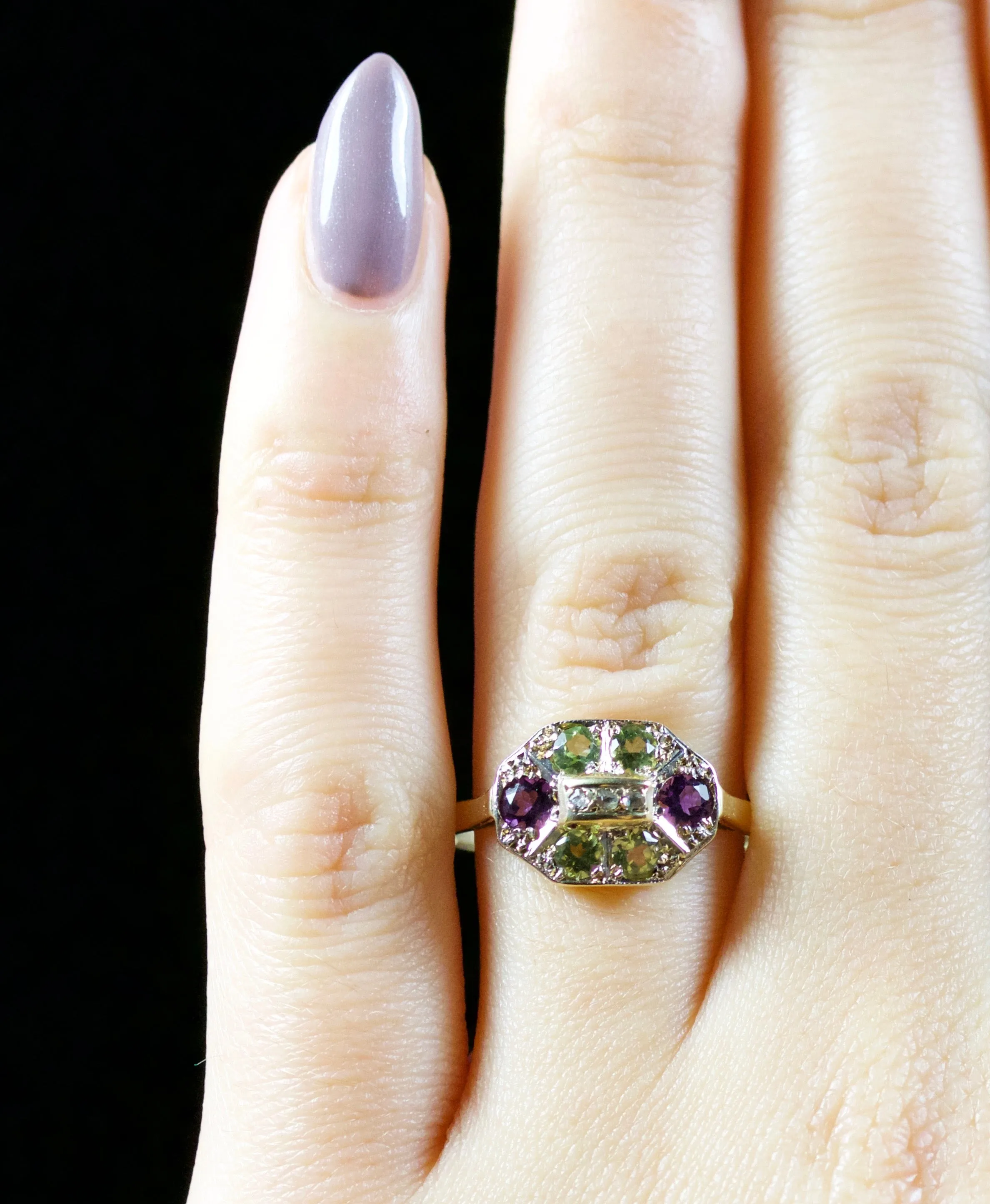 Antique Edwardian Suffragette Ring Diamond Amethyst Peridot 18Ct Gold Circa 1915