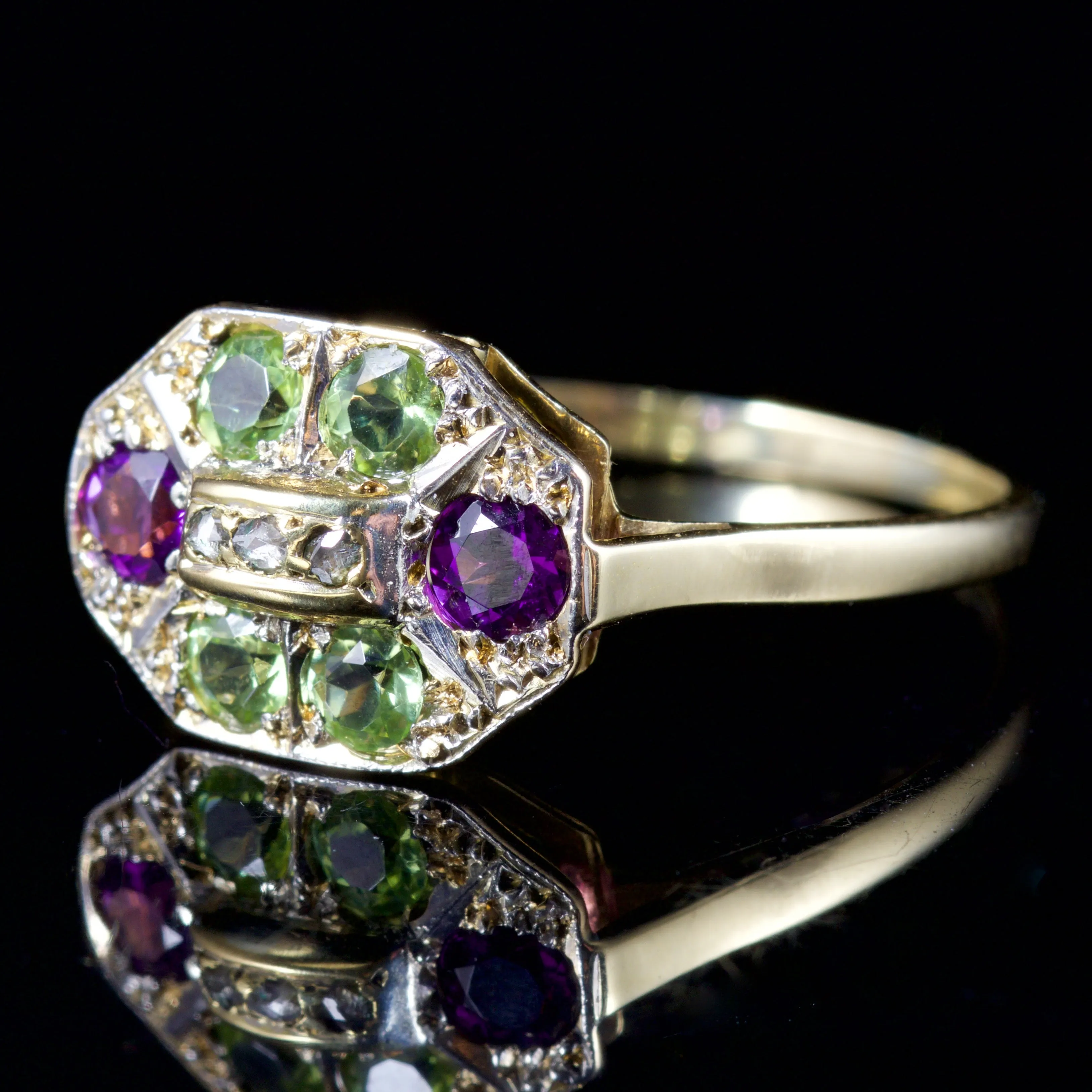 Antique Edwardian Suffragette Ring Diamond Amethyst Peridot 18Ct Gold Circa 1915