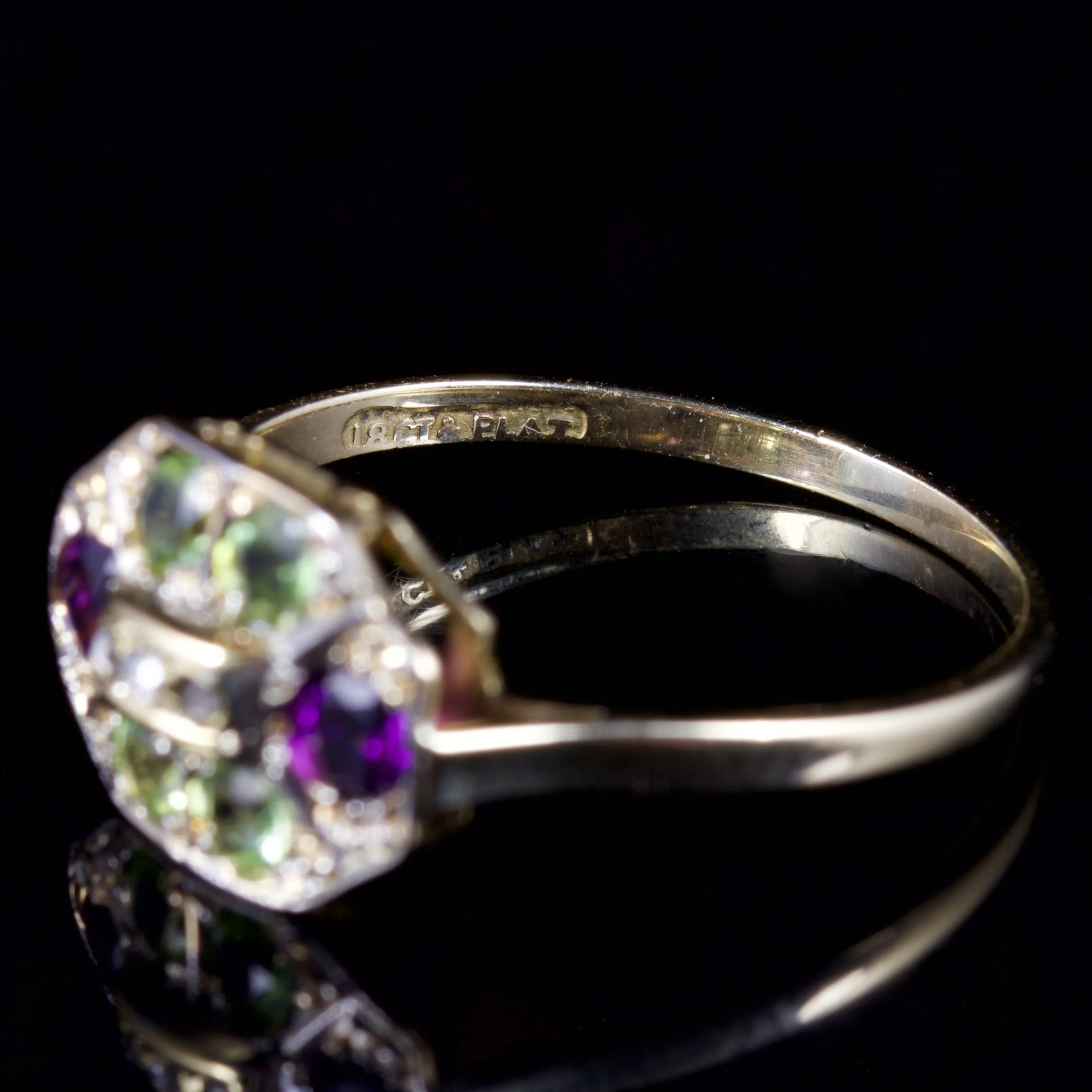 Antique Edwardian Suffragette Ring Diamond Amethyst Peridot 18Ct Gold Circa 1915