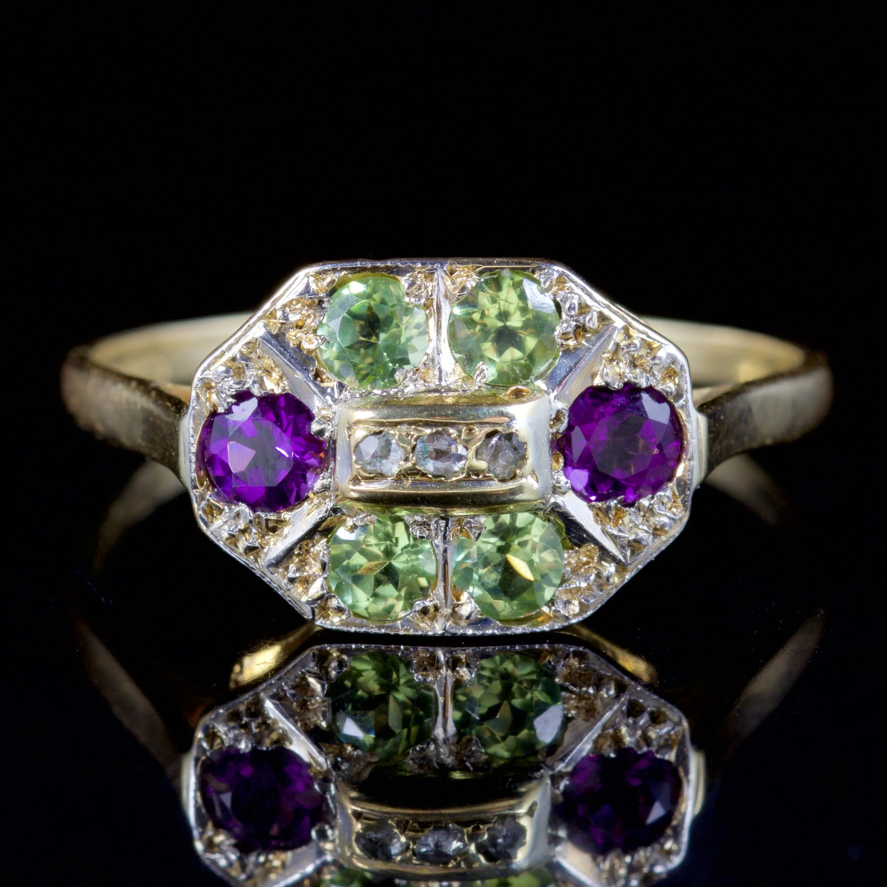 Antique Edwardian Suffragette Ring Diamond Amethyst Peridot 18Ct Gold Circa 1915