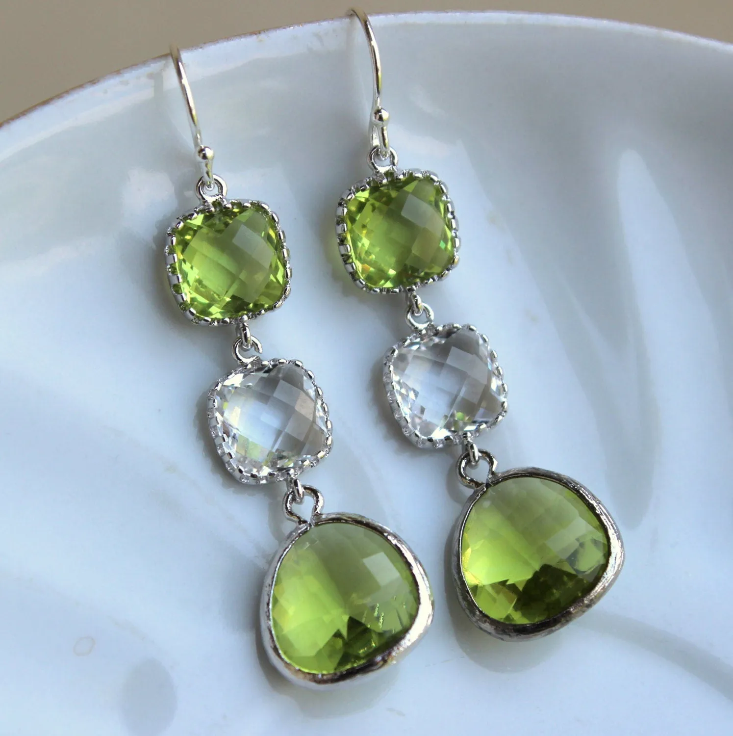 Apple Green Peridot Earrings Silver Crystal Clear Jewelry - Peridot Bridesmaid Earrings - Green Wedding Earrings - Crystal Wedding Jewelry