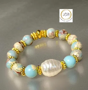 Aquaterra Impression Jasper and Pearl Gold Beaded Bracelet