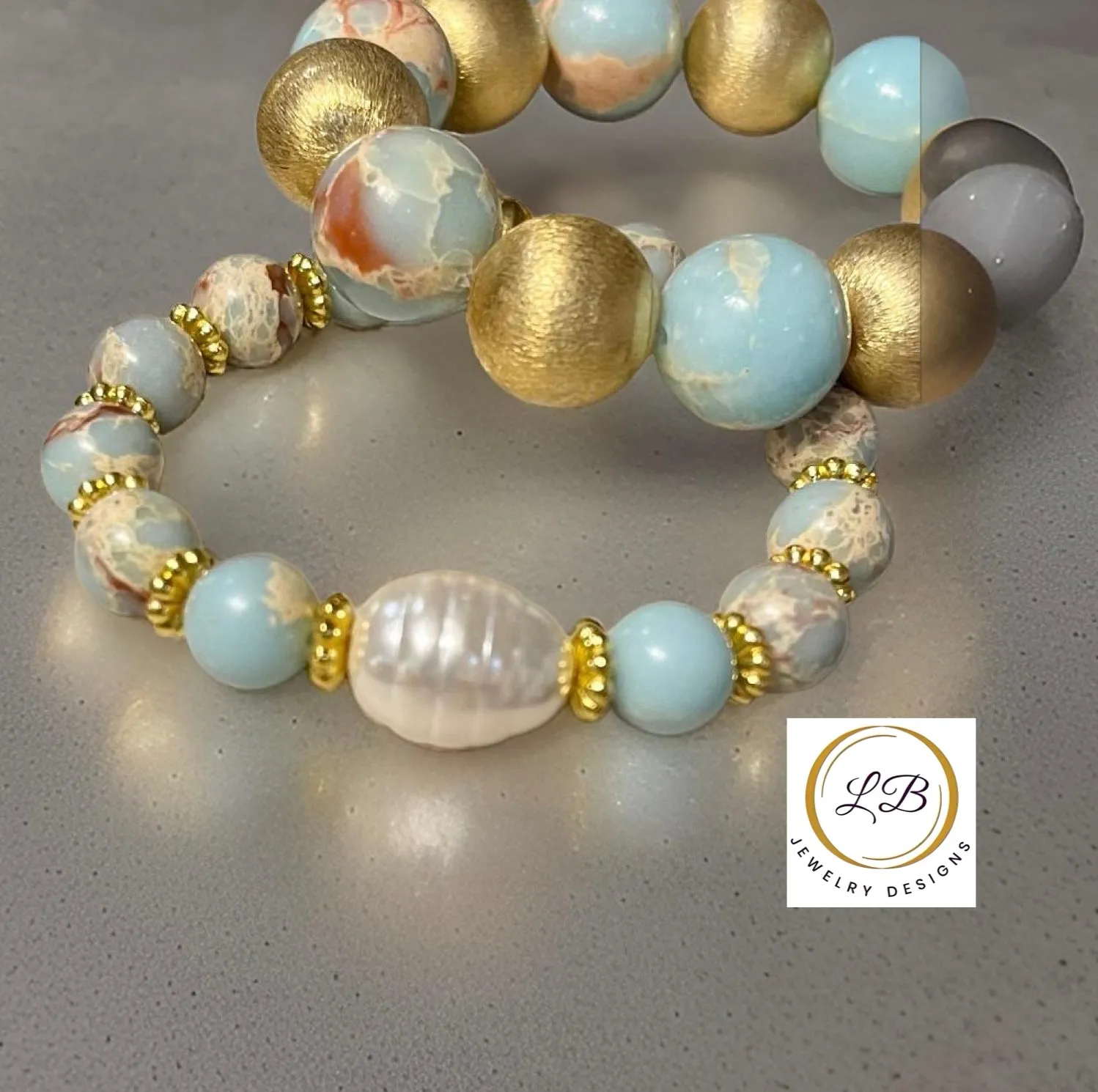 Aquaterra Impression Jasper and Pearl Gold Beaded Bracelet