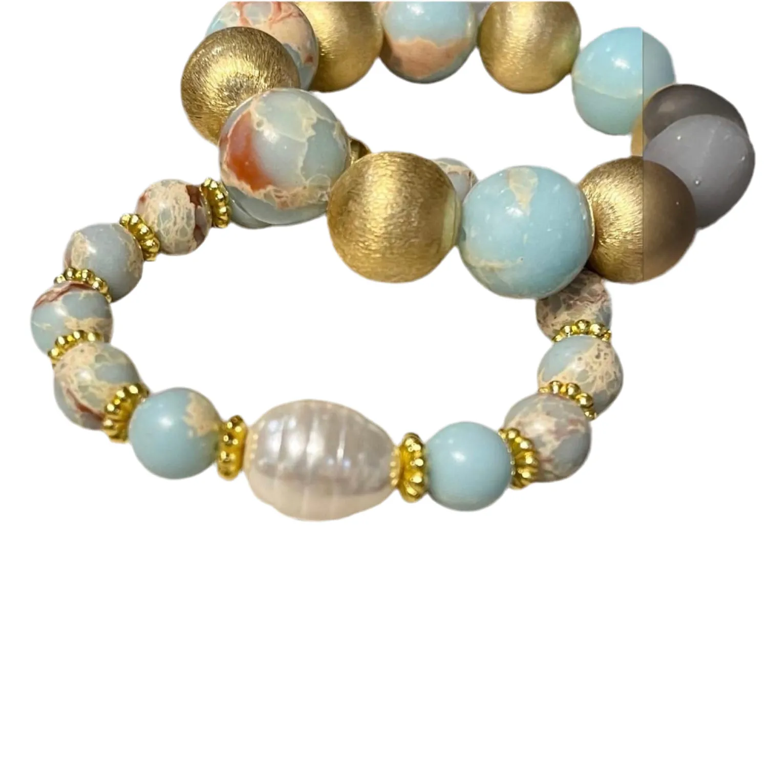 Aquaterra Impression Jasper and Pearl Gold Beaded Bracelet