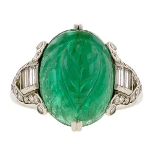 Art Deco Carved Emerald Diamond Ring