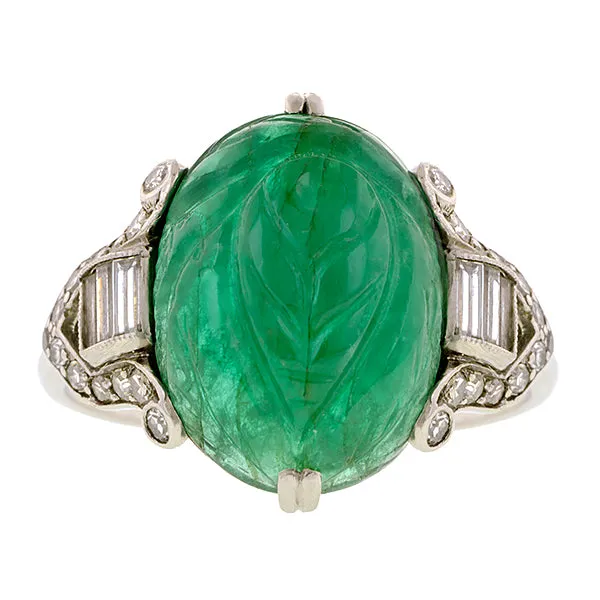 Art Deco Carved Emerald Diamond Ring