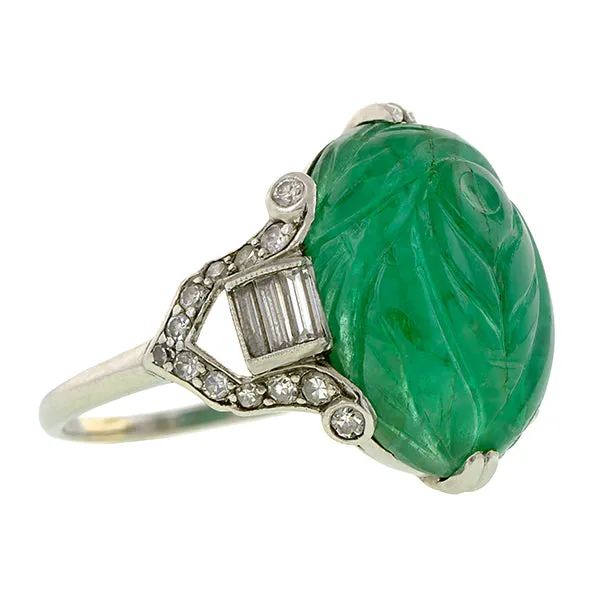 Art Deco Carved Emerald Diamond Ring