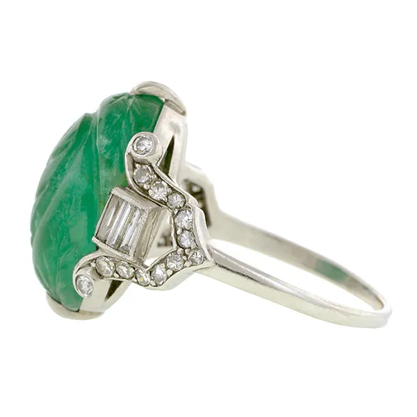 Art Deco Carved Emerald Diamond Ring