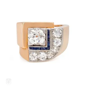 Art Deco gold, diamond and calibré sapphire ring