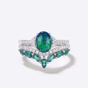 Art Deco Oval Black Opal Wedding Ring Set Antique Diamond Emerald Bridal Set