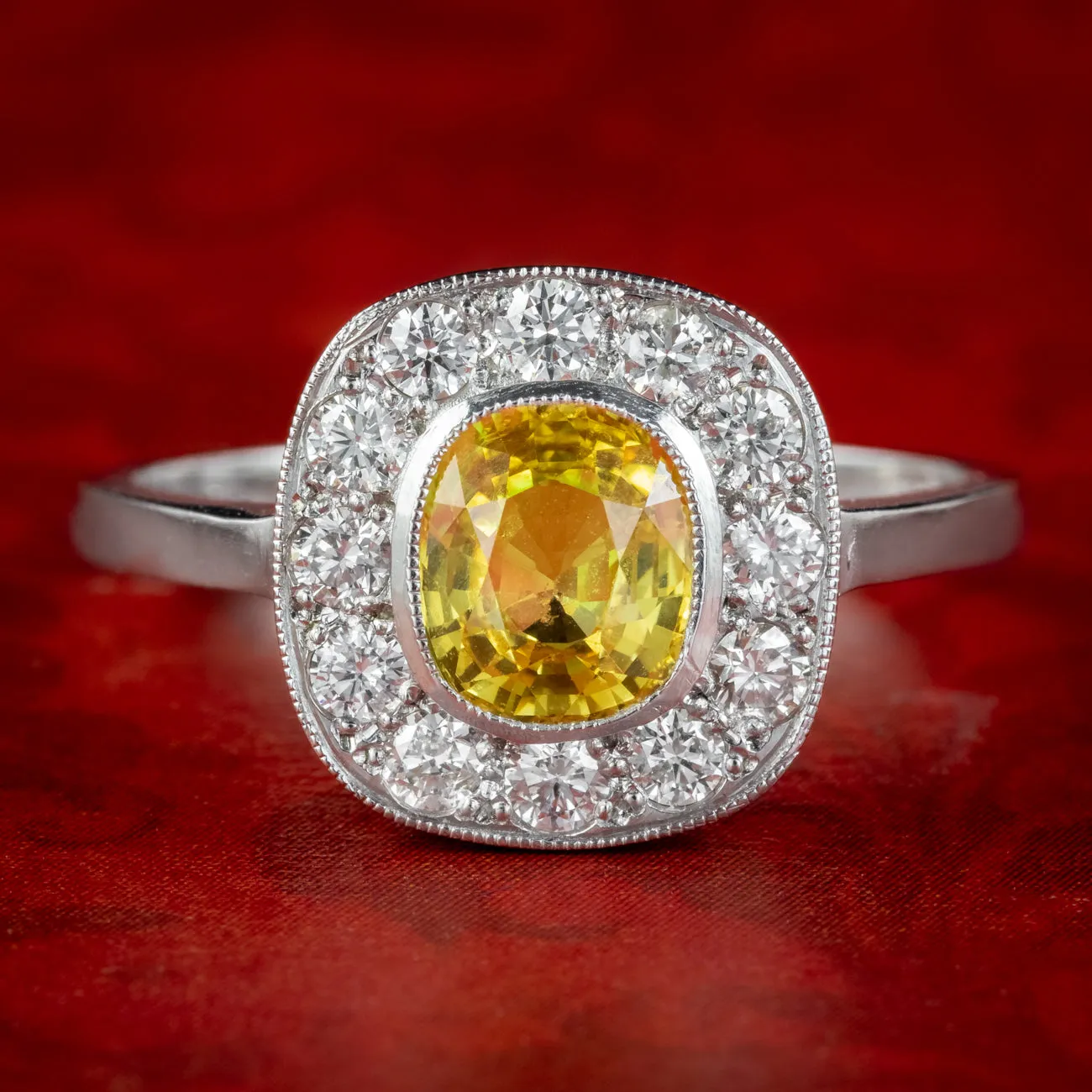 Art Deco Style Yellow Sapphire Diamond Cluster Ring 1.2ct Sapphire