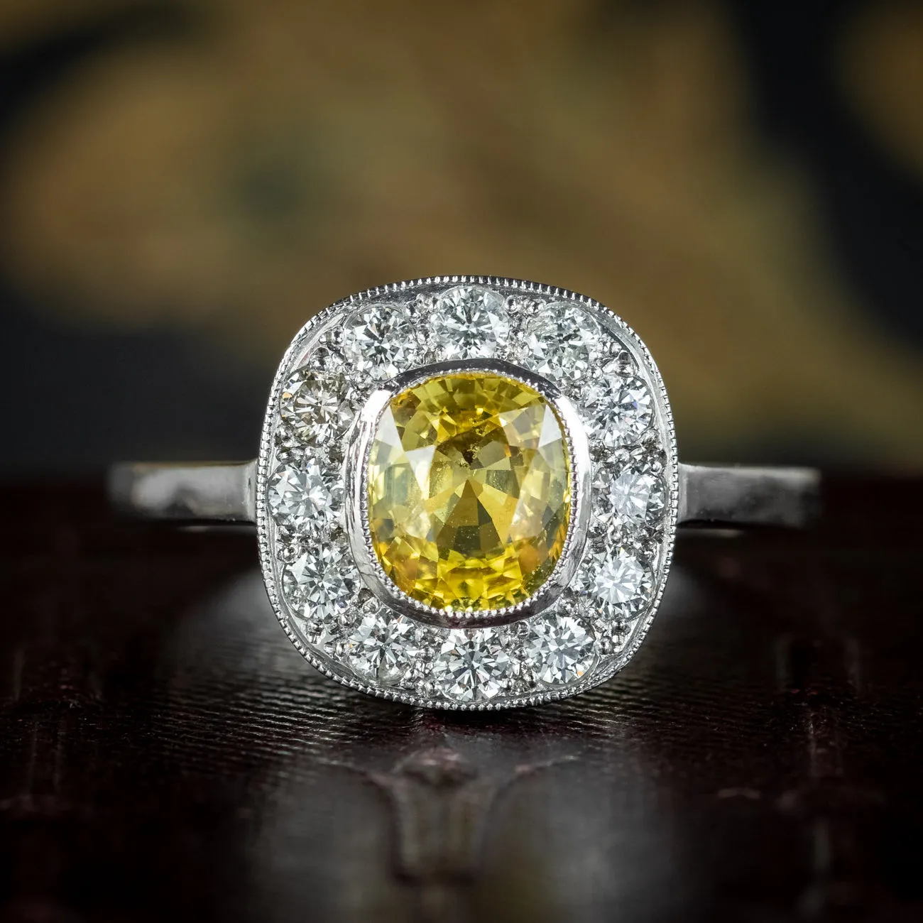 Art Deco Style Yellow Sapphire Diamond Cluster Ring 1.2ct Sapphire