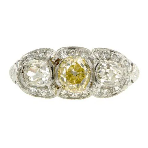 Art Deco Three Stone Engagement Ring, Old Mine 0.95ct