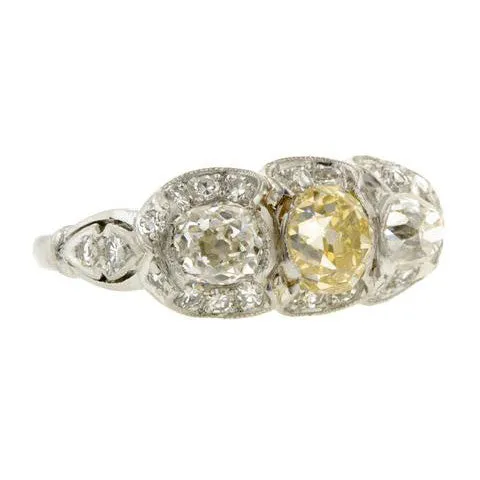 Art Deco Three Stone Engagement Ring, Old Mine 0.95ct