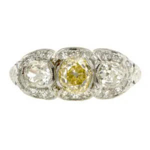 Art Deco Three Stone Engagement Ring, Old Mine 0.95ct