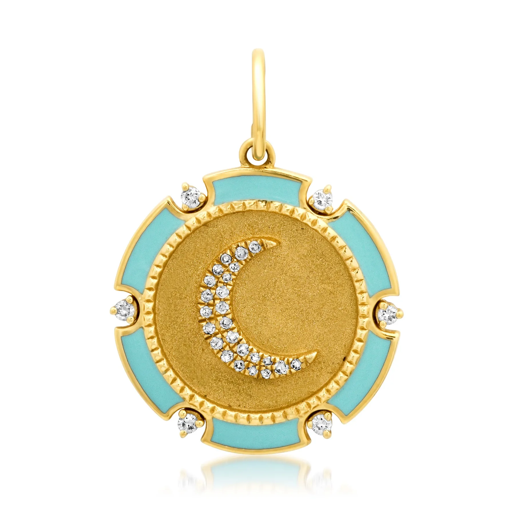 BABY TURQUOISE ENAMEL CRESCENT MOON CHARM, DIAMOND, 14kt GOLD