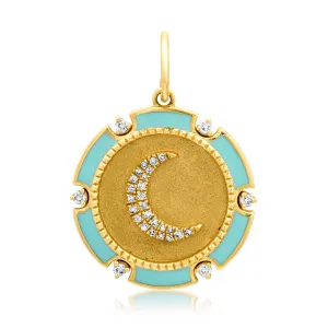 BABY TURQUOISE ENAMEL CRESCENT MOON CHARM, DIAMOND, 14kt GOLD