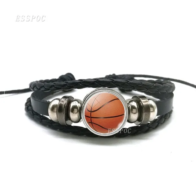 Basketball Charm Leather Bracelet Men Fashion Black weave leather Bracelet Basketball Football Baseball Jewelry Men Gifts