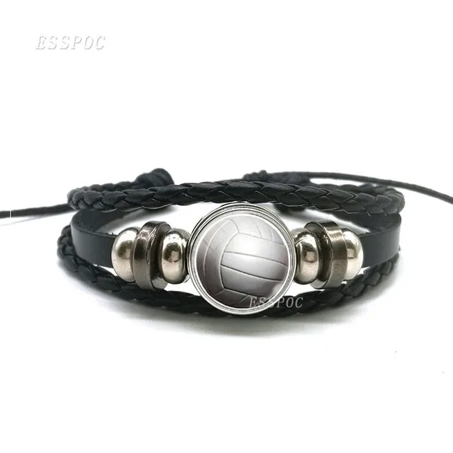 Basketball Charm Leather Bracelet Men Fashion Black weave leather Bracelet Basketball Football Baseball Jewelry Men Gifts