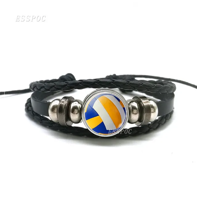 Basketball Charm Leather Bracelet Men Fashion Black weave leather Bracelet Basketball Football Baseball Jewelry Men Gifts