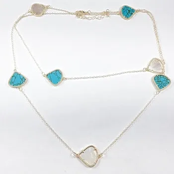 Beautiful Long Turquoise & Mother Of Pearl Gold Tone Brass Necklace