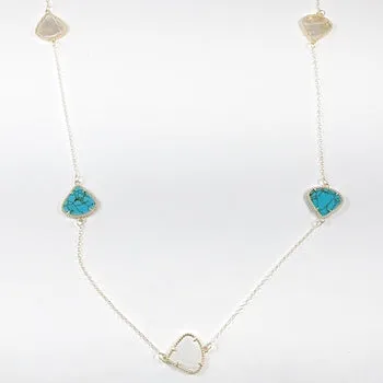 Beautiful Long Turquoise & Mother Of Pearl Gold Tone Brass Necklace