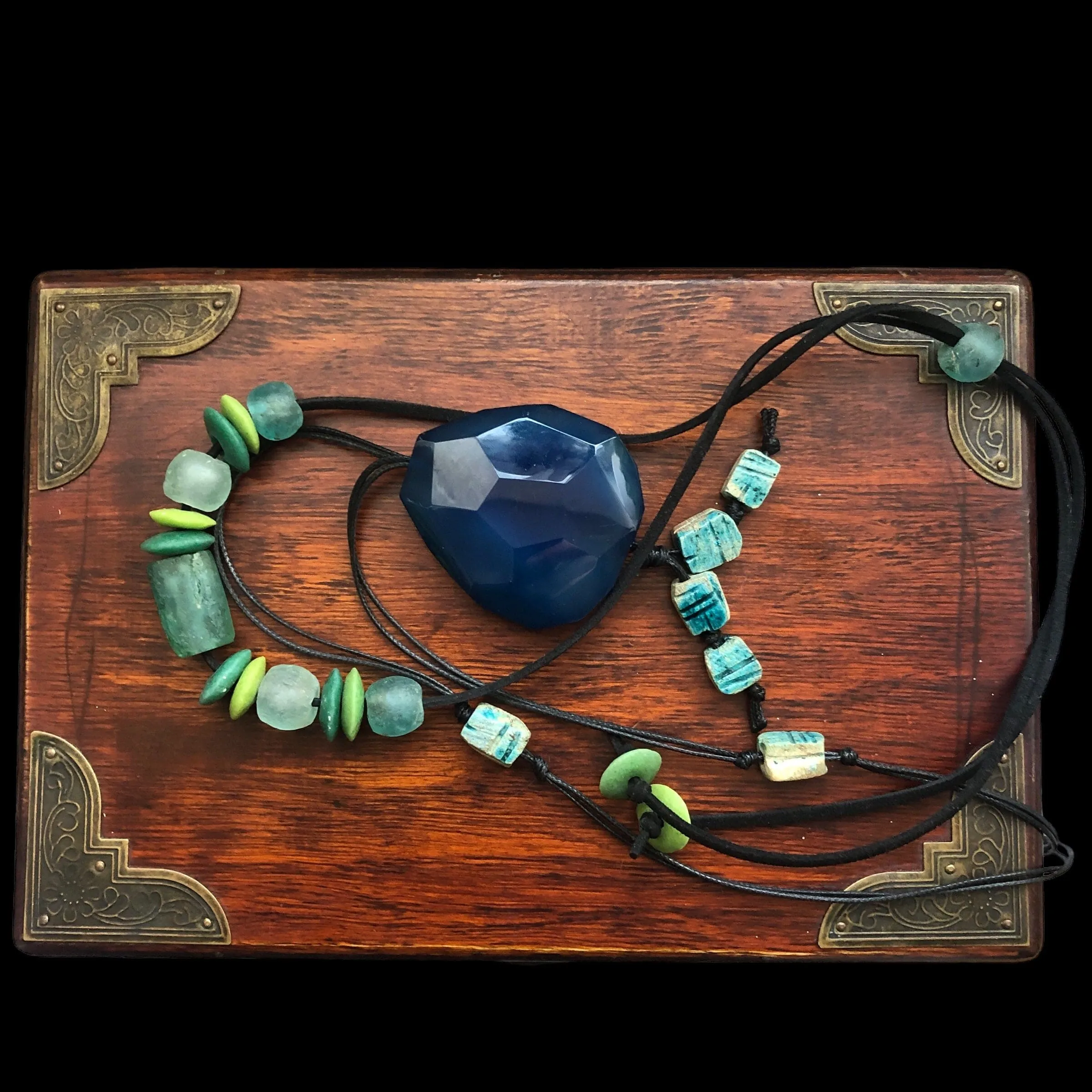 Blue Agate and Egyptian Beads Pendant Necklace